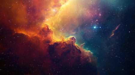 Stunning nebula clouds in deep space, colorful, swirling galaxies and a glowing supernova, stars twinkling in the vast cosmos.の素材