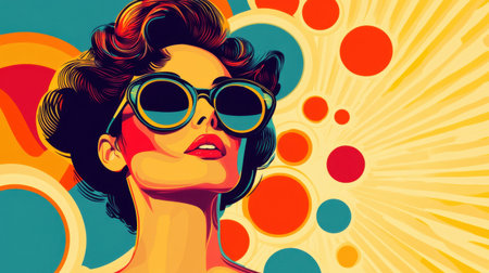 Stylish pop-art woman in sunglasses with a colorful retro background, inspired by 1950s vintage culture and designの素材
