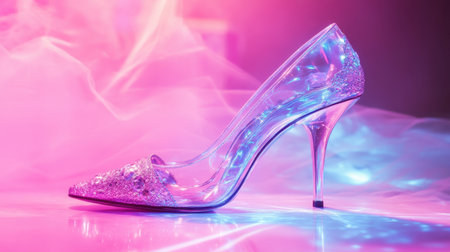 Stunning high-heel glass slipper on a pink studio floor, glowing with magical light, capturing the essence of a modern fairy taleの素材