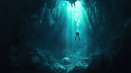 Scuba diver swimming deep within an ocean cavern, illuminated by subtle light, as they explore the hidden abyssの素材