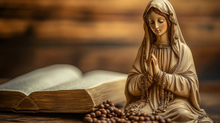 Virgin Mary statue next to a Catholic Bible and prayer beads, symbolizing Christianity, Lent, and the resurrection of Christの素材