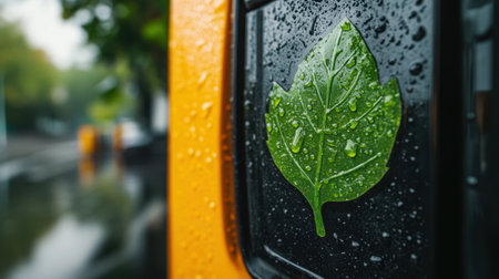 A green leaf symbol on a fuel dispenser, signifying environmentally conscious gasoline or biofuel options.の素材