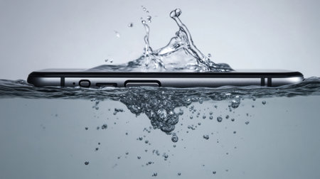 A cell phone sinking into water, with ripples and bubbles on a minimalist gray background.の素材