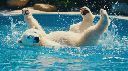 A fluffy polar bear joyfully floating on its back in a sparkling blue swimming pool, splashing water.の素材