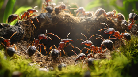 A group of ants diligently working together to construct an anthill, their teamwork visible in the intricate structure.の素材
