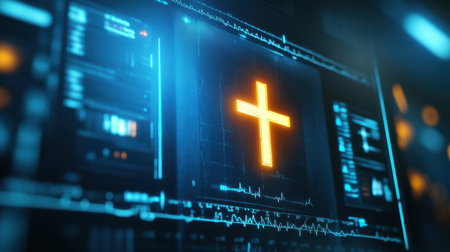A heart monitor with a glowing cross displayed on the screen, symbolizing faith and Christianity in a medical contextの素材