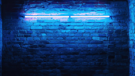 A vibrant blue neon light glowing against an exposed brick wall, casting a cool and electric ambiance in the spaceの素材