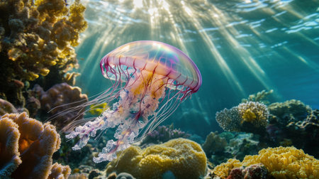 An iridescent jellyfish drifts peacefully near a coral reef, its translucent body glowing with radiant colors.の素材