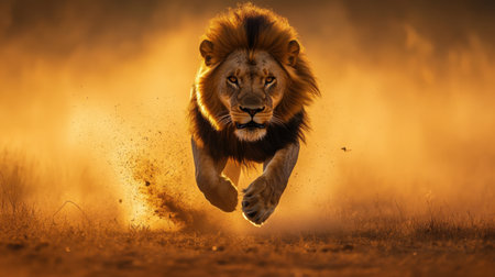 Majestic lion bounding across the African savannah in the early morning light, with dust clouds trailing behindの素材