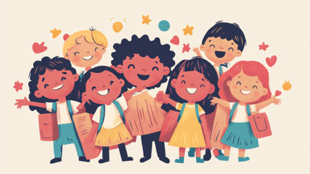An illustration of school children gathered together, smiling and holding hands, symbolizing unity and togetherness in educationの素材