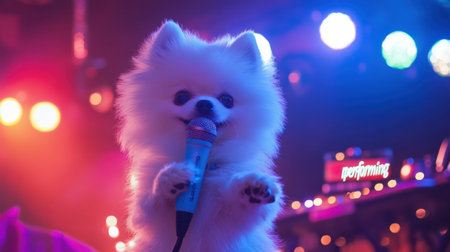 A playful white Pomeranian pup holding a toy mic, "performing" at a disco under bright lights, creating a fun and joyful sceneの素材