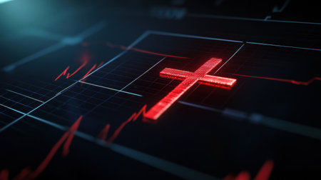 A medical heart monitor showing a cross on its display, blending health care with a Christian faith conceptの素材