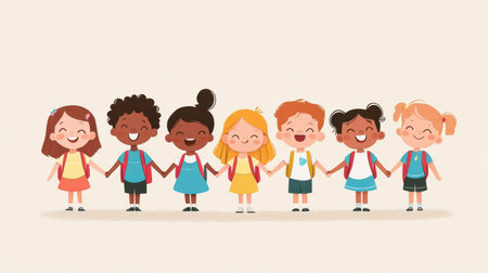 An illustration of school children gathered together, smiling and holding hands, symbolizing unity and togetherness in educationの素材