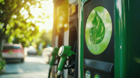 An eco-friendly fuel dispenser with a prominent green leaf symbol, promoting sustainable energy solutions at the pump.の素材