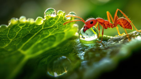 Close-up of an ant touching a glistening droplet of water on a fresh green leaf, the scene filled with delicate detail.の素材