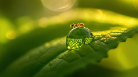 A tiny ant carefully interacts with a droplet of water resting on a green leaf, reflecting the natural world around it.の素材