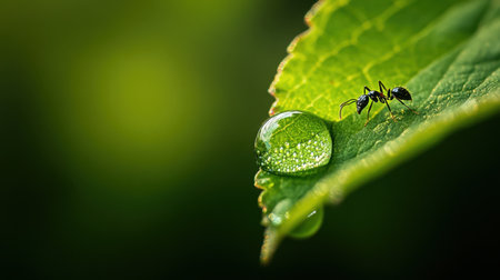 Close-up of an ant touching a glistening droplet of water on a fresh green leaf, the scene filled with delicate detail.の素材
