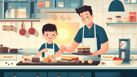 An illustration of a father and son happily working in the kitchen, preparing dessert together with an oven glowing in the backgroundの素材