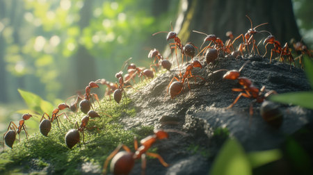 A team of ants works tirelessly, carrying soil and debris to construct their growing anthill in a forest clearing.の素材