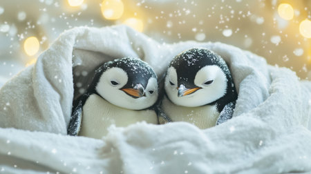 Two penguins tucked under blankets, enjoying the cool breeze from the air conditioner as snowflakes fall gently around themの素材