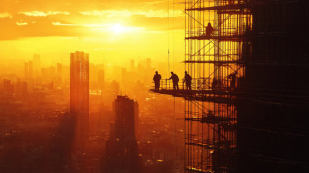 Silhouetted figures of workers on scaffolding, constructing a building at sunrise, with a cityscape bathed in golden morning lightの素材