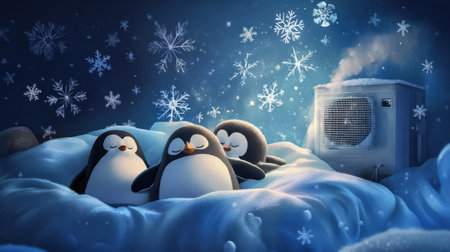 Snuggly penguins lying in bed with an air conditioner blowing cold air, surrounded by swirling snowflakes, in a whimsical sceneの素材