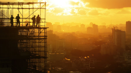Silhouetted figures of workers on scaffolding, constructing a building at sunrise, with a cityscape bathed in golden morning lightの素材