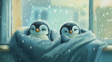 Two penguins tucked under blankets, enjoying the cool breeze from the air conditioner as snowflakes fall gently around themの素材