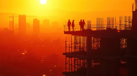 Silhouette of construction workers on a building site at sunrise, with a glowing cityscape in the background, creating a dynamic urban sceneの素材