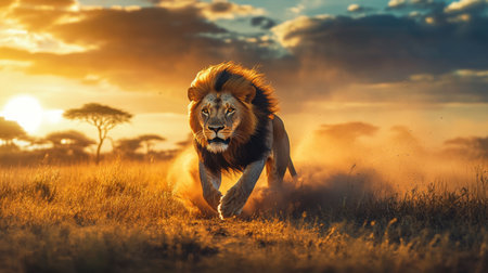 A majestic lion running across the African grasslands at dawn, kicking up dust as the sun rises in the backgroundの素材