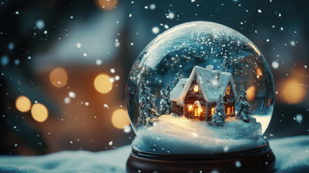 A close-up of a magical snow globe, showcasing a detailed winter wonderland inside with snow falling gently.の素材