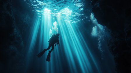 Scuba diver exploring a deep sea cavern, venturing into the unknown depths of the ocean, with beams of light piercing the dark watersの素材