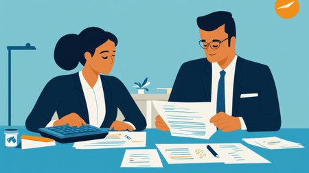 Illustration of a businessman and businesswoman reviewing financial invoices, working together with a calculatorの素材