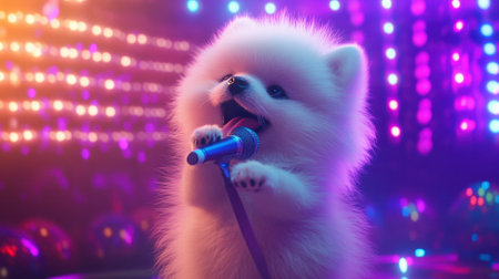 A fluffy white Pomeranian puppy belting out a song with a toy microphone, surrounded by vibrant disco lights and a party atmosphereの素材