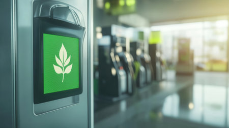 A sleek fuel dispenser with a green leaf icon, representing eco-friendly biofuel, in a clean, modern station.の素材