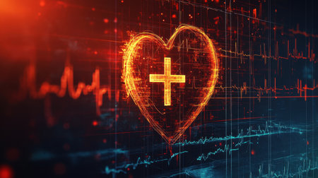 A heart monitor with a cross in the center, symbolizing faith, healing, and Christianity's role in providing comfort during illnessの素材