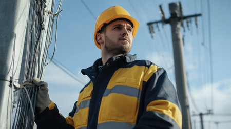 A professional electrician in uniform standing near a high voltage pole, inspecting wires in a safety-conscious work environmentの素材