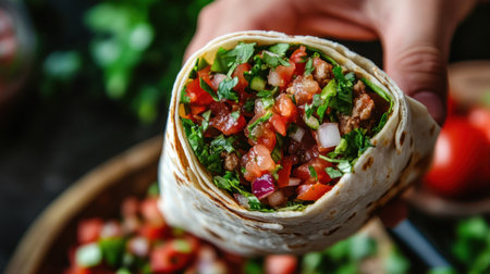 A close-up of a hand holding a burrito wrap packed with ingredients, with fresh salsa adding flavor.の素材
