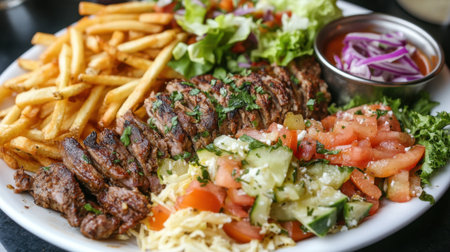 A savory shawarma platter served with golden fries and a side of fresh salad, ideal for lunch or dinner.の素材