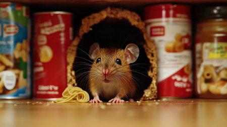 A tiny brown mouse sticks its head out of a hole in the pantry wall, with food items like pasta and canned goods in sight.の素材