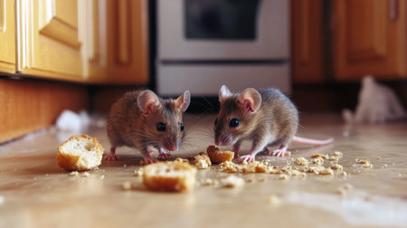 A pair of mice nibble on bread crumbs scattered across a kitchen floor, near cabinets and cooking appliances.の素材
