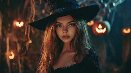 Dressed for Halloween, a stunning young woman in a witch hat and flowing black costume stands confidently against a background filled with eerie decorations.の素材