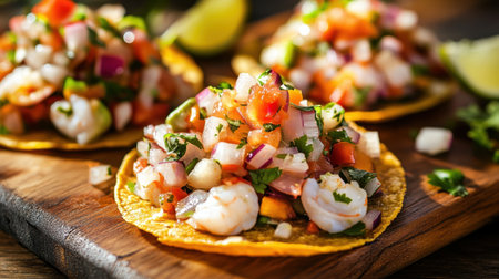 Ceviche tostadas with layers of fresh seafood and vibrant toppings rest on a wooden cutting board, ready to enjoy.の素材