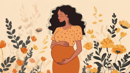 Flat art illustration of a pregnant woman with hands on her belly, conveying calmness and the essence of motherhood.の素材