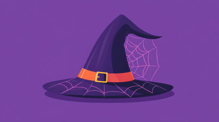 Flat design of a Halloween witch's hat with a spooky spider web, set against a simple purple background, perfect for festive Halloween useの素材