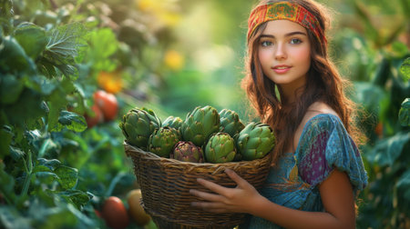 Cute girl in a vibrant garden holding a basket full of artichokes, surrounded by fresh vegetables and greeneryの素材