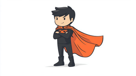 Flat line illustration of a kid superhero wearing a cape, standing strong on a white background, perfect for motivational concepts.の素材