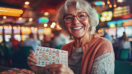 With a beaming smile, a woman proudly displays her winning bingo card in a packed bingo hall, enjoying her big winの素材