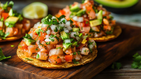 Fresh ceviche tostadas, piled high with toppings like avocado and cilantro, arranged on a brown wooden cutting board.の素材