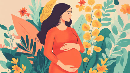 Flat art illustration of a pregnant woman with hands on her belly, conveying calmness and the essence of motherhood.の素材